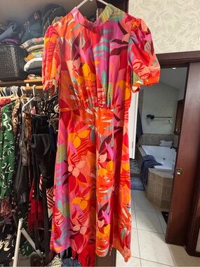 Vibrant Pink & Orange Printed Midi Dress